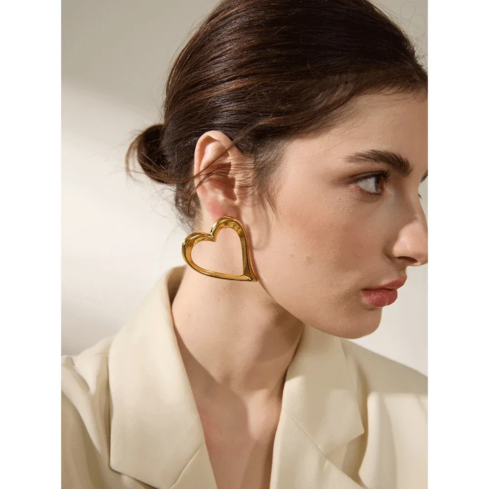 Yhpup Large Hollow Heart Stud Earrings in Gold Tone Stainless Steel