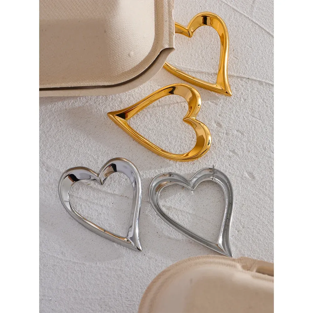 Yhpup Large Hollow Heart Stud Earrings in Gold Tone Stainless Steel