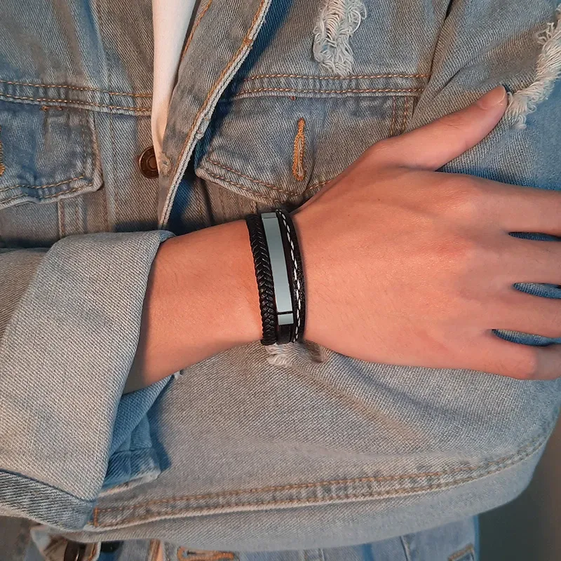 Vnox Personalized Layered Leather ID Bracelet for Men
