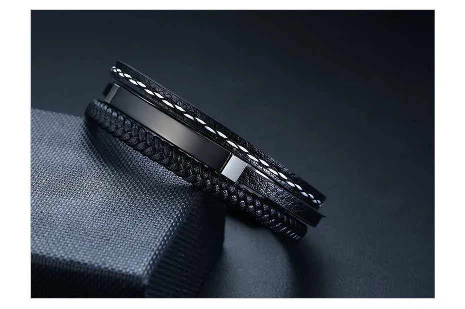 Vnox Personalized Layered Leather ID Bracelet for Men