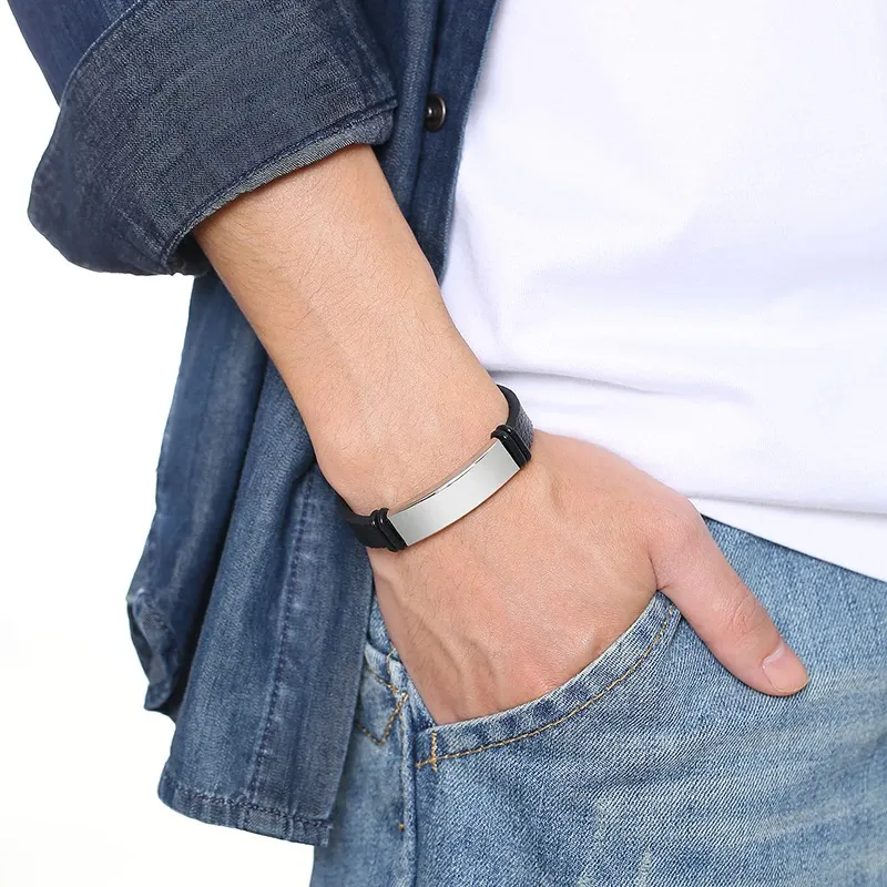 Vnox Personalized Leather ID Bracelet with Stainless Steel Plate