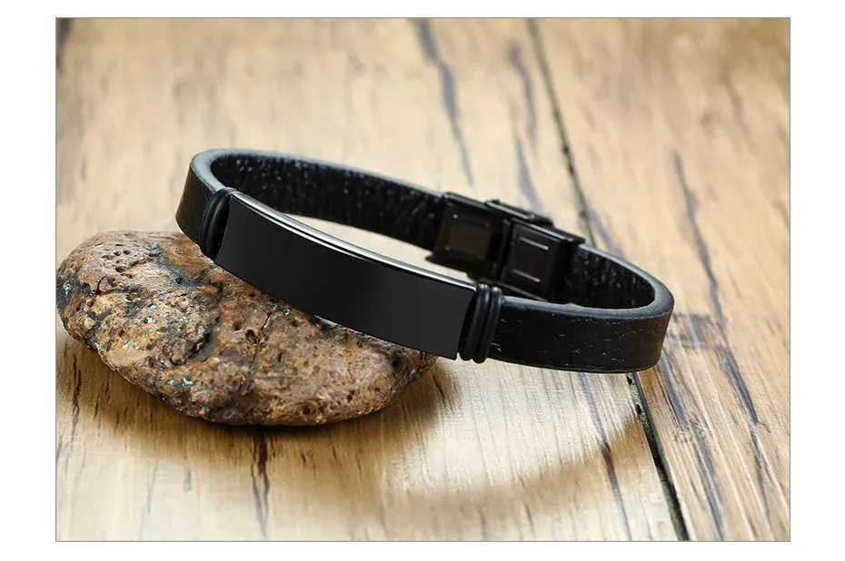 Vnox Personalized Leather ID Bracelet with Stainless Steel Plate
