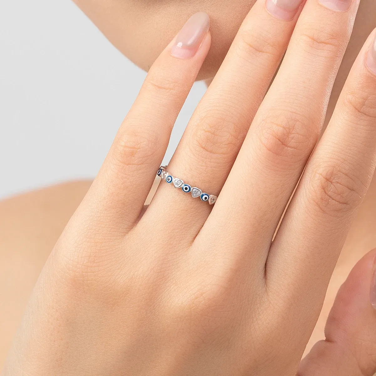 MODIAN 925 Sterling Silver Heart-to-Heart Blue Eye Stackable Ring
