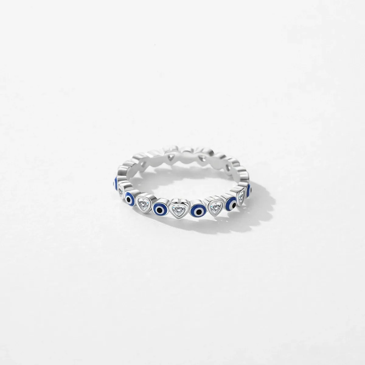 MODIAN 925 Sterling Silver Heart-to-Heart Blue Eye Stackable Ring