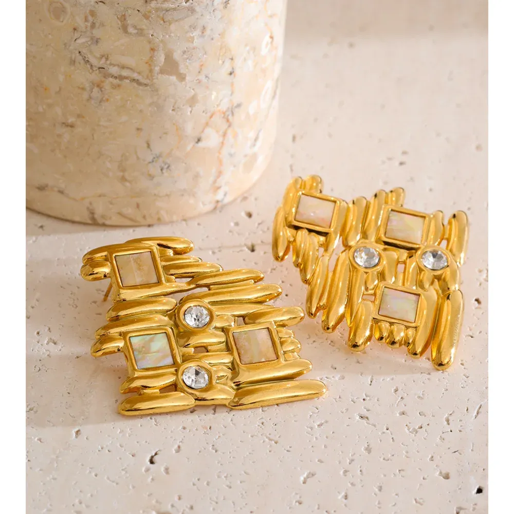 Yhpup Geometric Zircon Stud Earrings in PVD Gold Steel