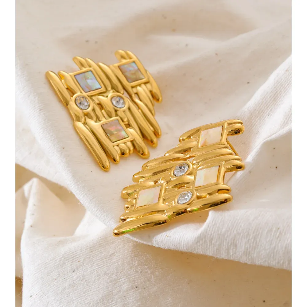 Yhpup Geometric Zircon Stud Earrings in PVD Gold Steel
