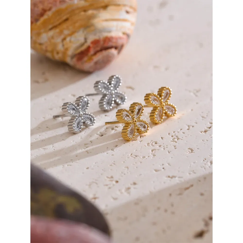 Yhpup Gold Flower CZ Stud Earrings