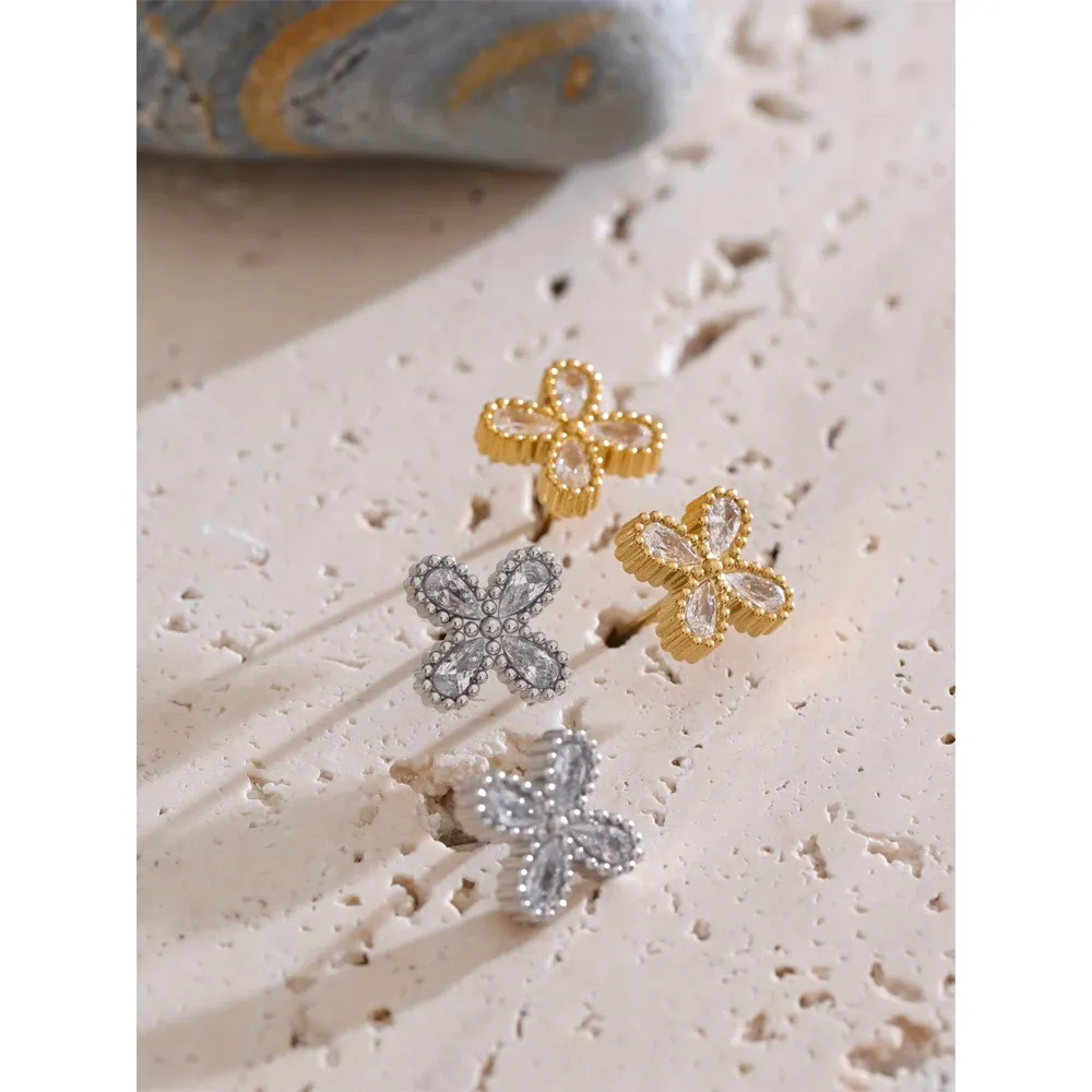 Yhpup Gold Flower CZ Stud Earrings