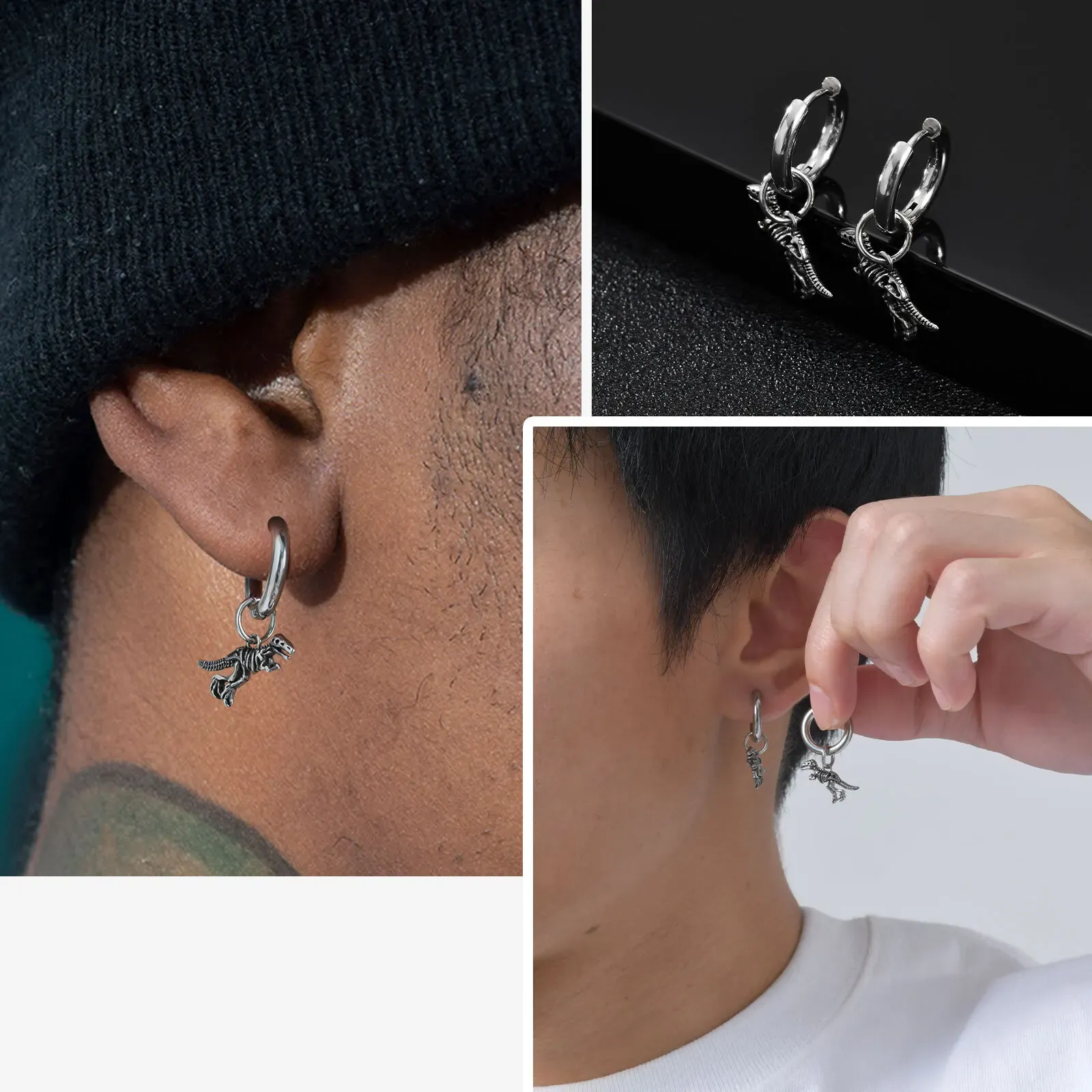 Vnox Dinosaur Skeleton Hoop Earrings for Men