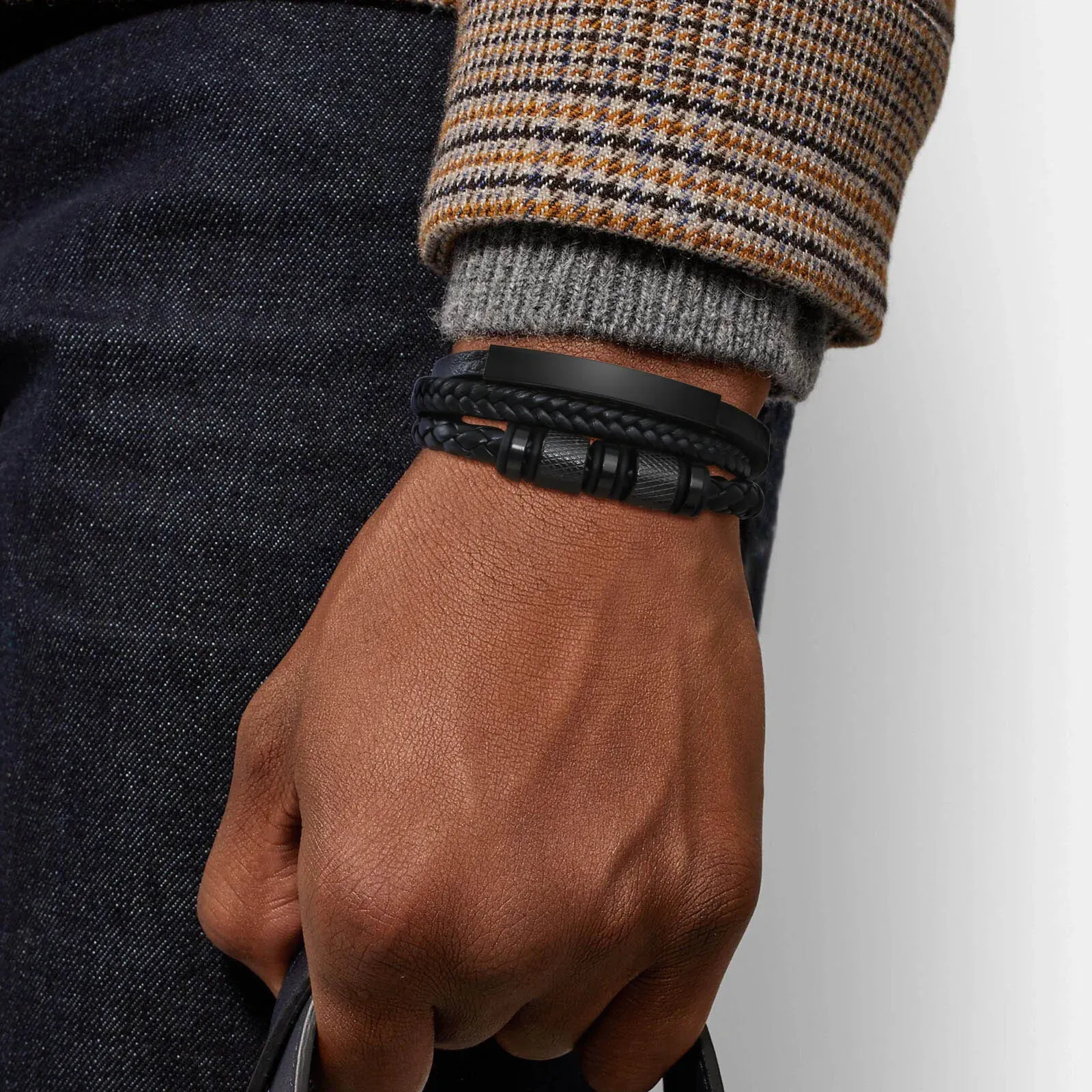 Vnox Triple-Layer Black PU Leather Men’s Bracelet with Custom Steel Bangle