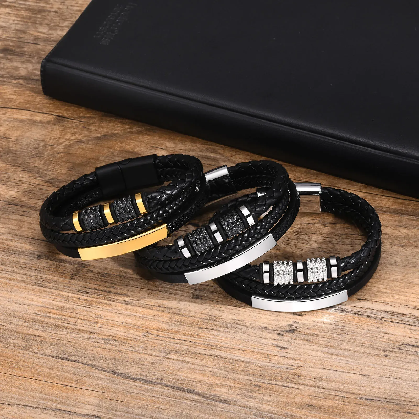 Vnox Triple-Layer Black PU Leather Men’s Bracelet with Custom Steel Bangle