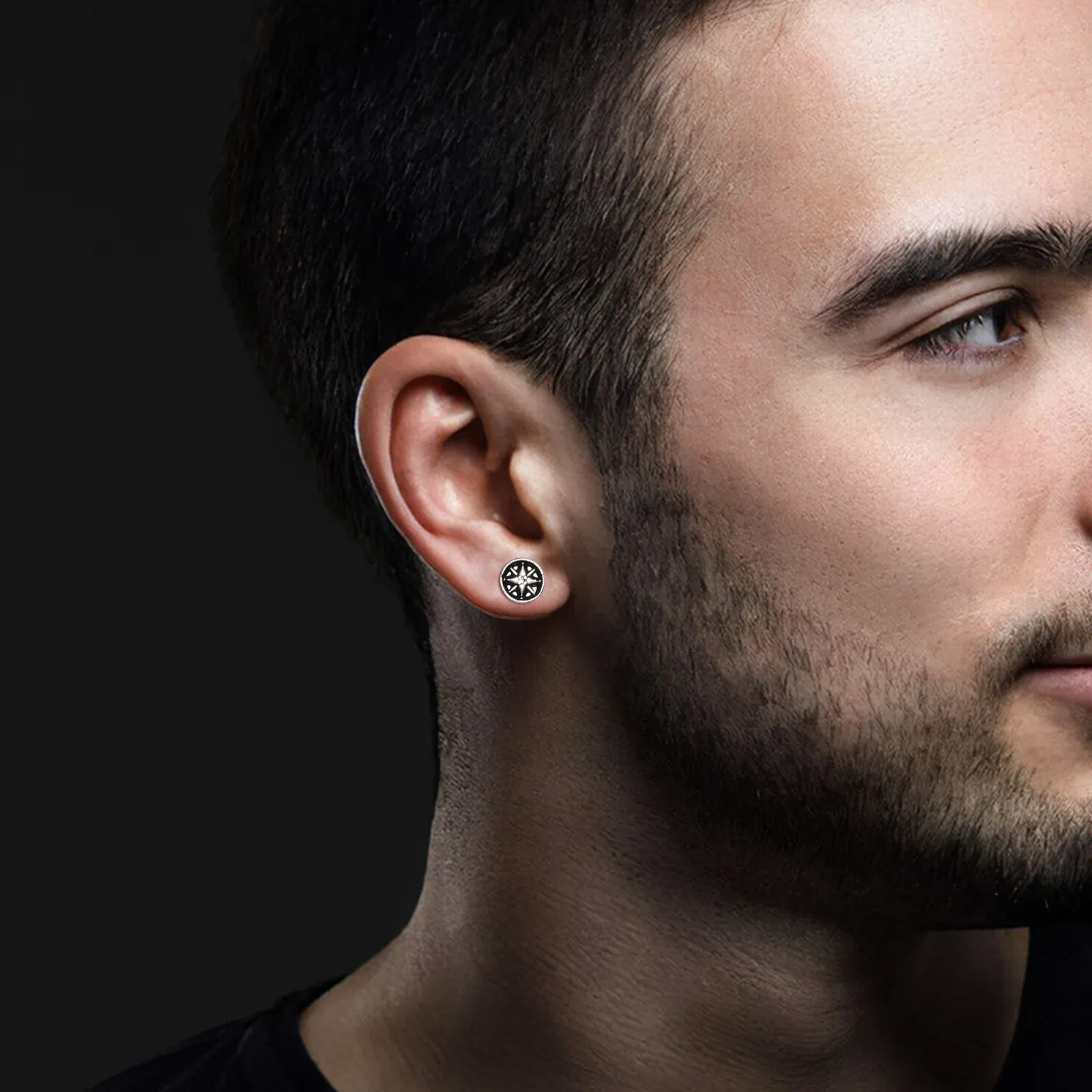Vnox Black Enamel Compass Star Stud Earrings