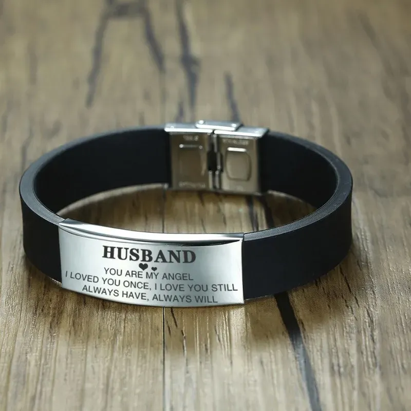 Vnox Custom Black Silicone Husband Bracelet with Steel Tag