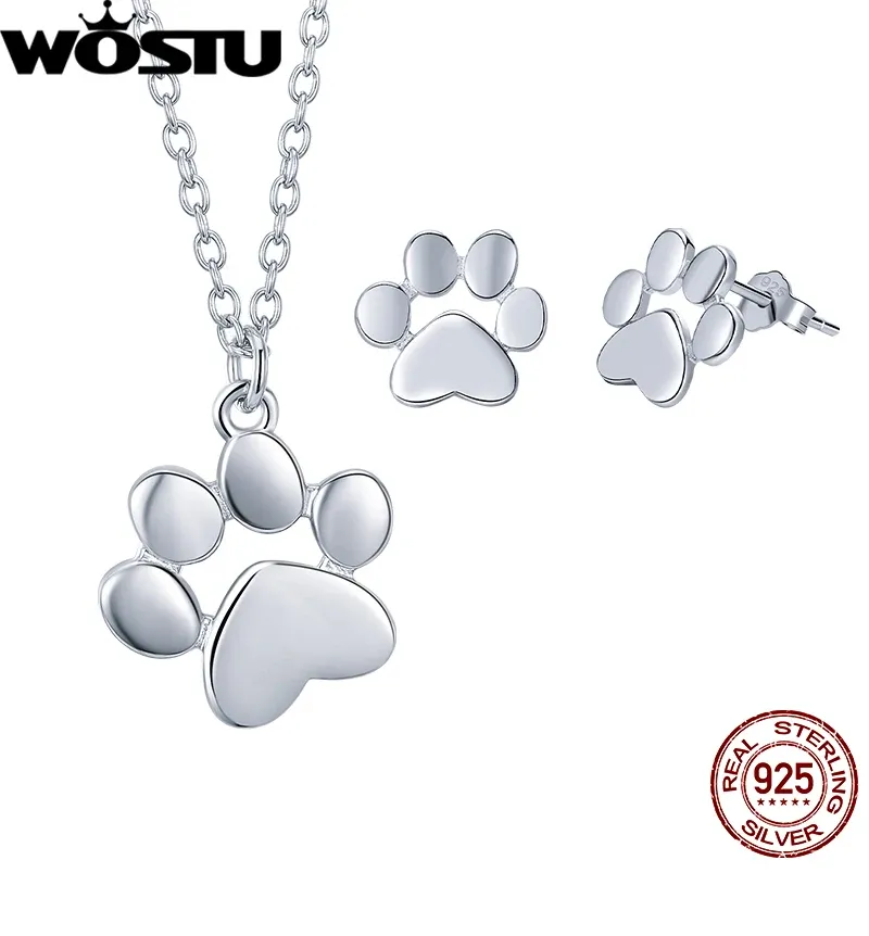 WOSTU Black Dog Paw Sterling Silver Jewelry Set