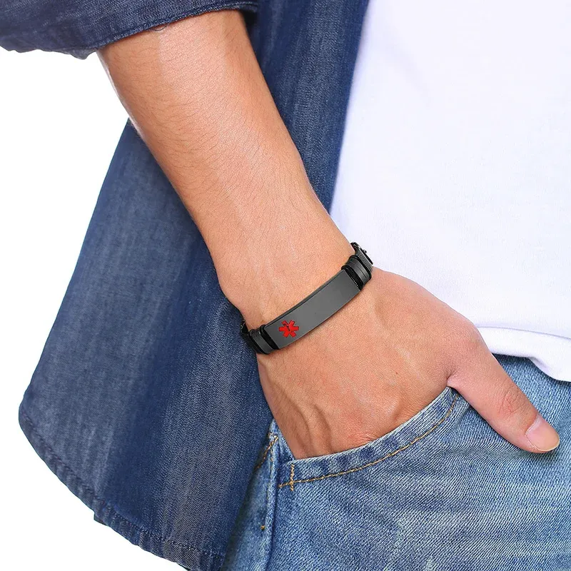 Vnox Black Stainless Steel Medical Alert Bracelet