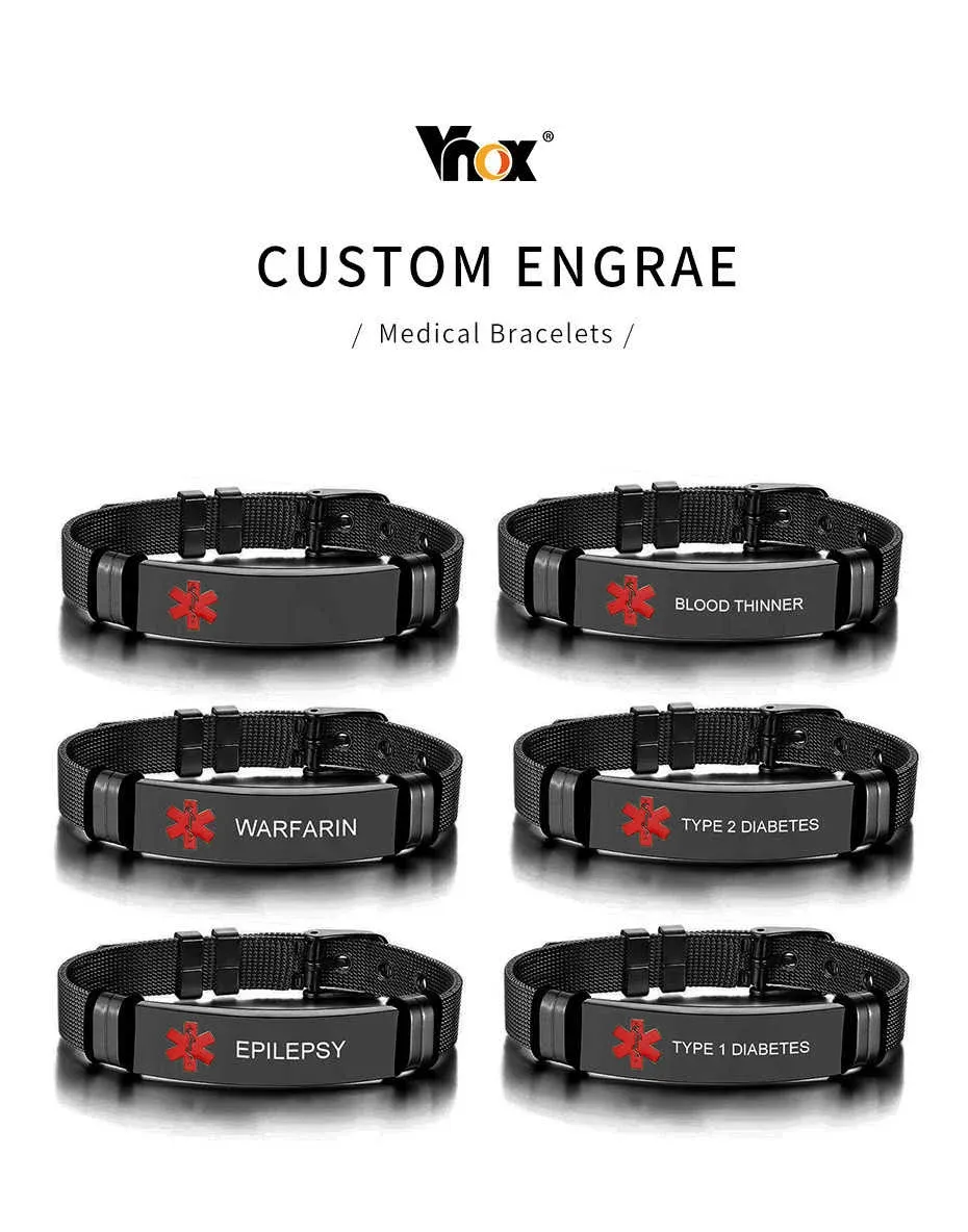 Vnox Black Stainless Steel Medical Alert Bracelet