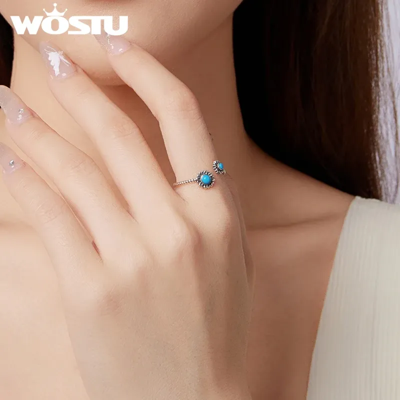 WOSTU Vintage Sunflower Turquoise Open Ring in 925 Sterling Silver