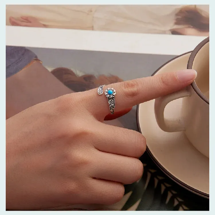WOSTU Vintage Sunflower Turquoise Open Ring in 925 Sterling Silver