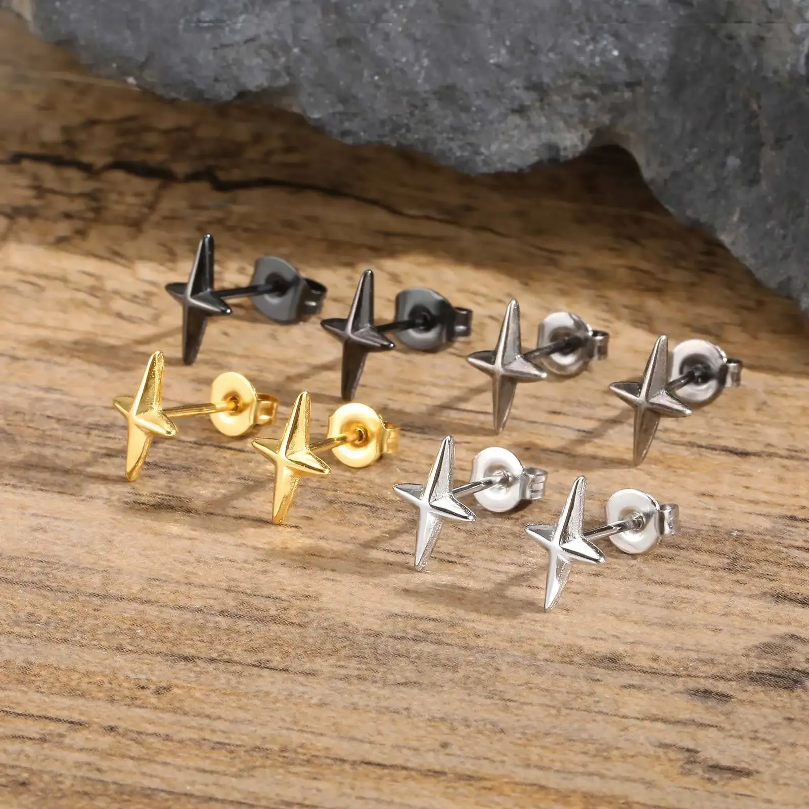 Vnox Oxidized Stainless Steel Star Stud Earrings