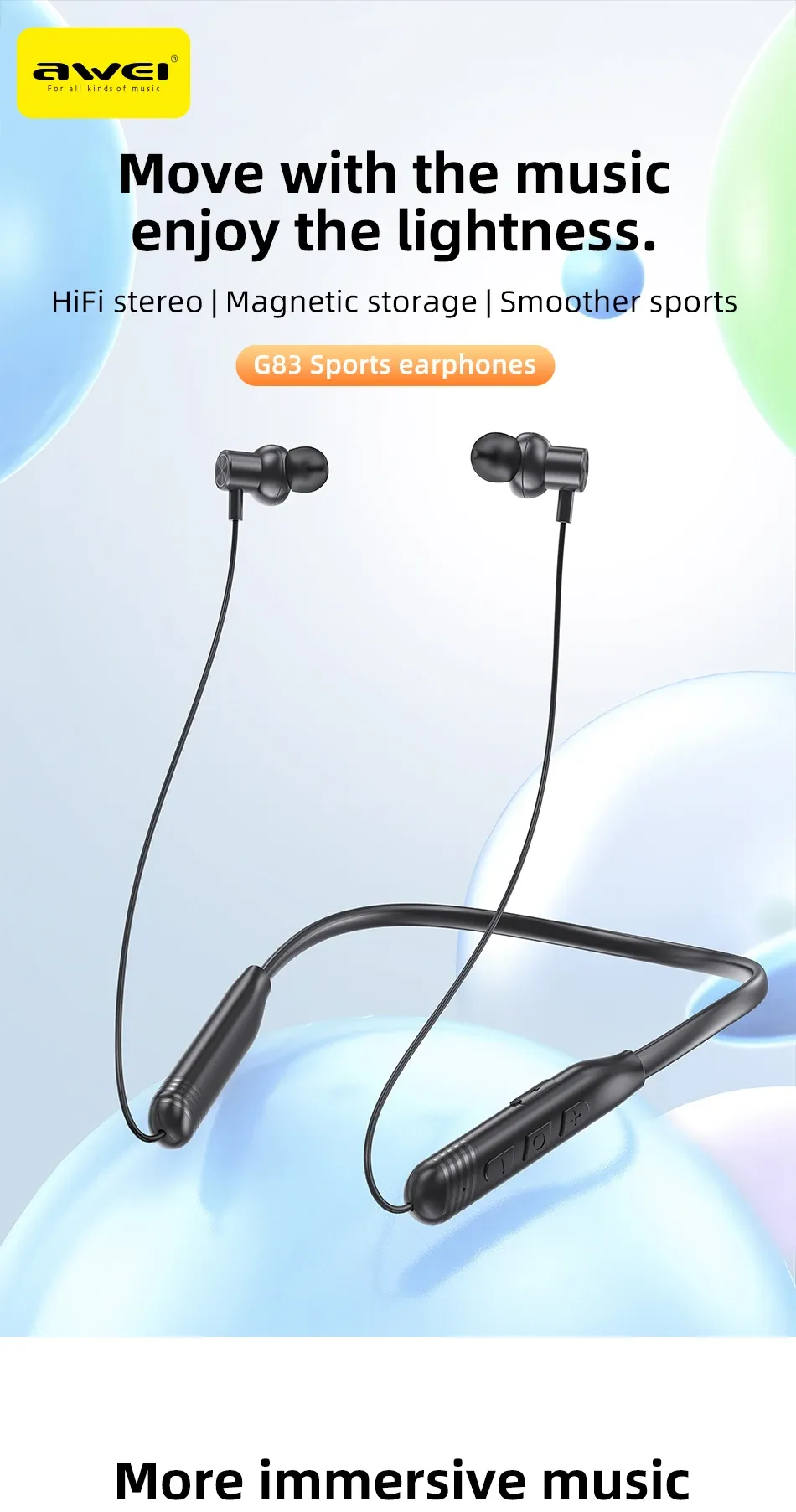 Awei G83 Bluetooth Neckband Earphones with IPX6 Protection and TF Card Playback