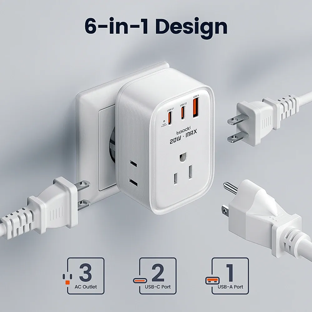 Toocki 6-in-1 GaN Travel Adapter with 3 AC Sockets