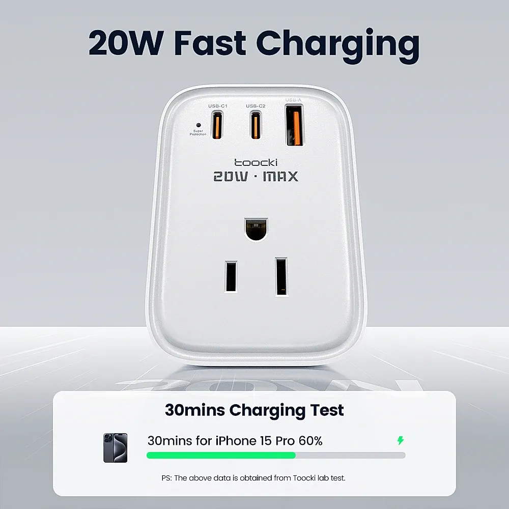 Toocki 6-in-1 GaN Travel Adapter with 3 AC Sockets