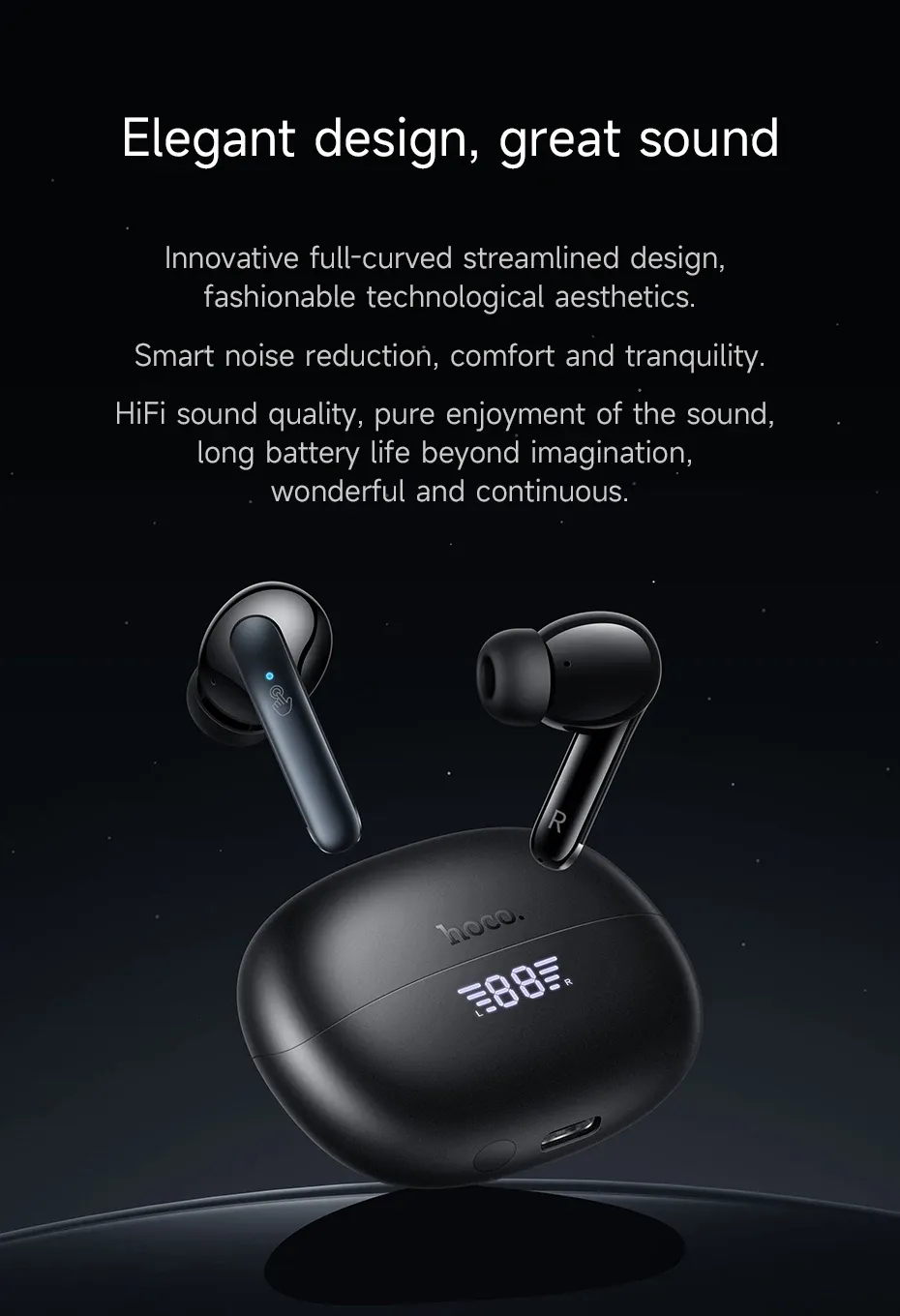 HOCO ANC+ENC Bluetooth 5.3 TWS Earbuds with App Control