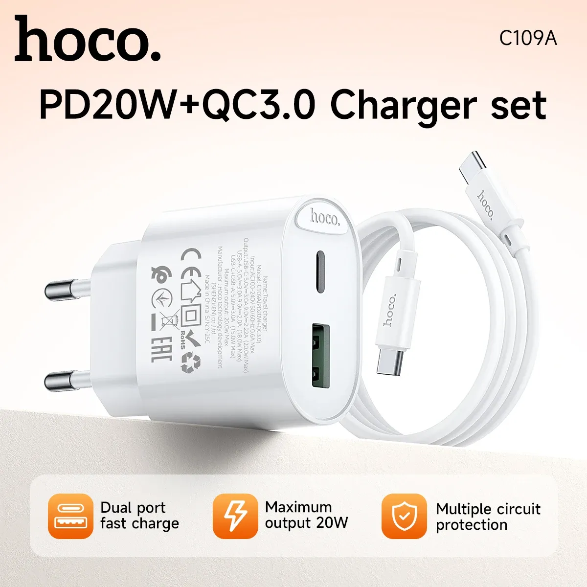 Hoco C109A 20W Dual-Port Fast Wall Charger