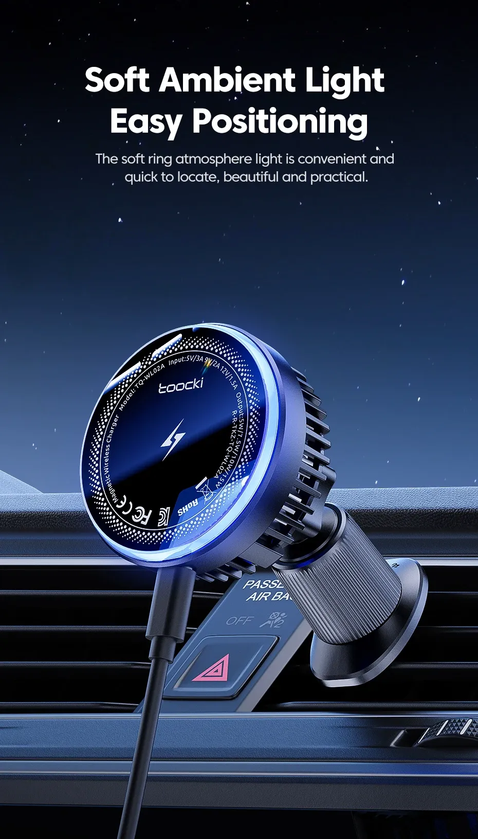Toocki 15W Magnetic Car Wireless Charger with Cooling Fan