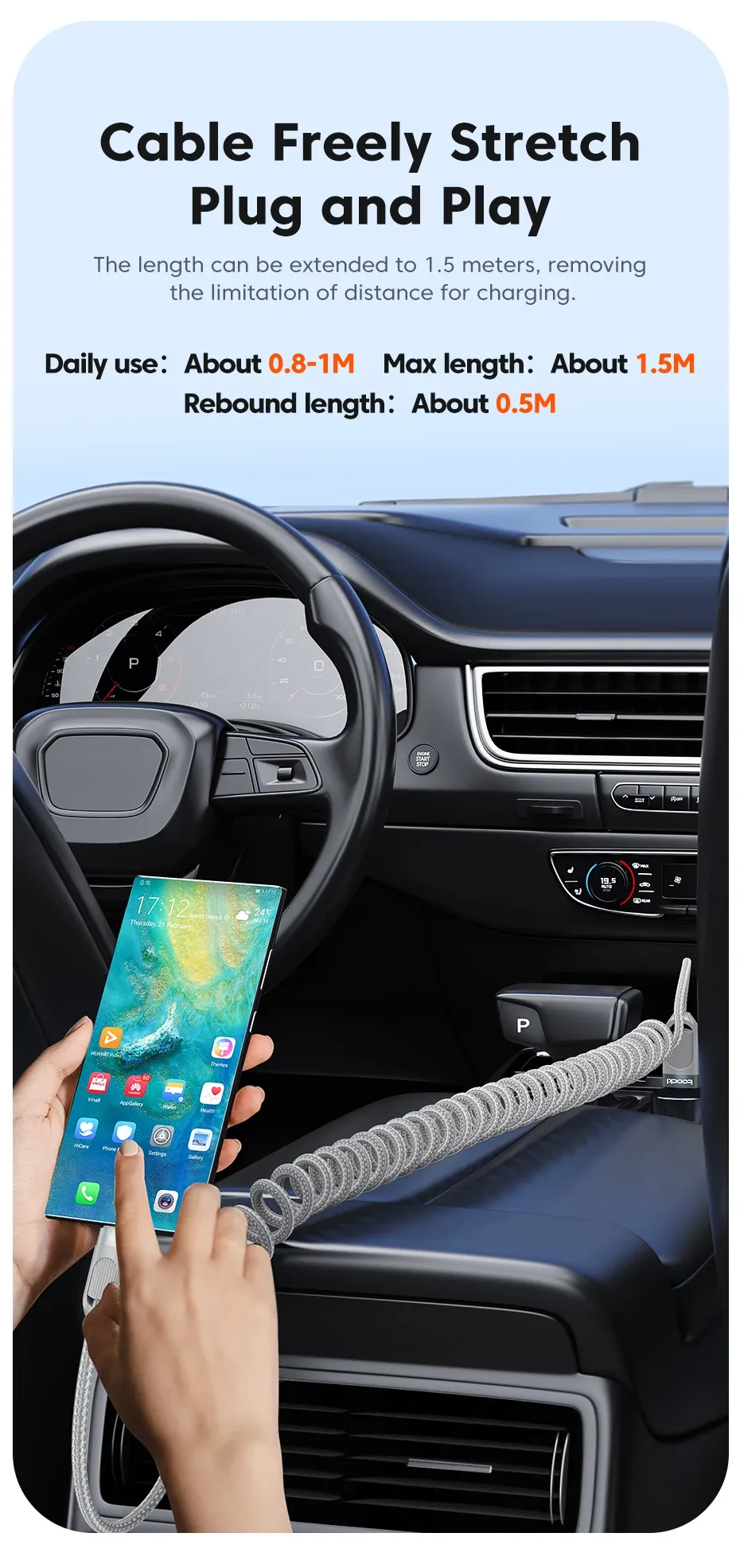 Toocki Spring-Braided USB-A to USB-C 3A Charging Cable