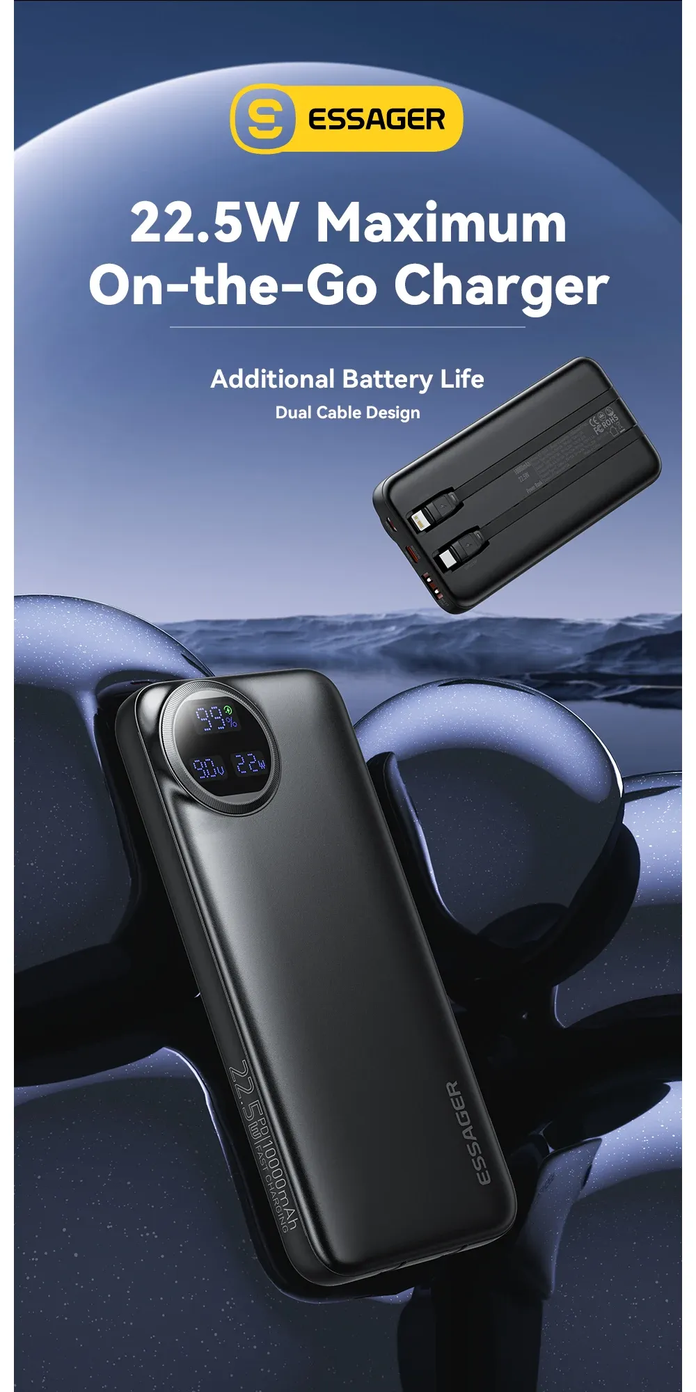 Essager 20000mAh 22.5W Built-In Cable Power Bank