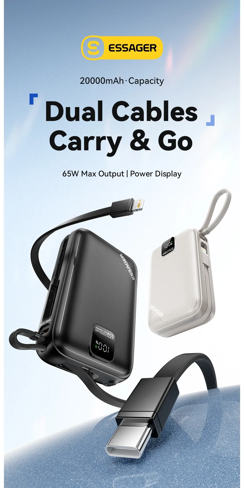 Essager 65W 20000mAh Built-In Cable Power Bank