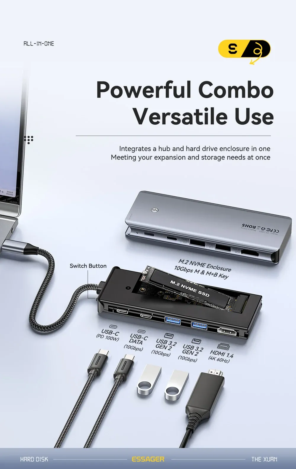 Essager 7-in-1 USB-C Hub with M.2 SSD Enclosure and 100W PD