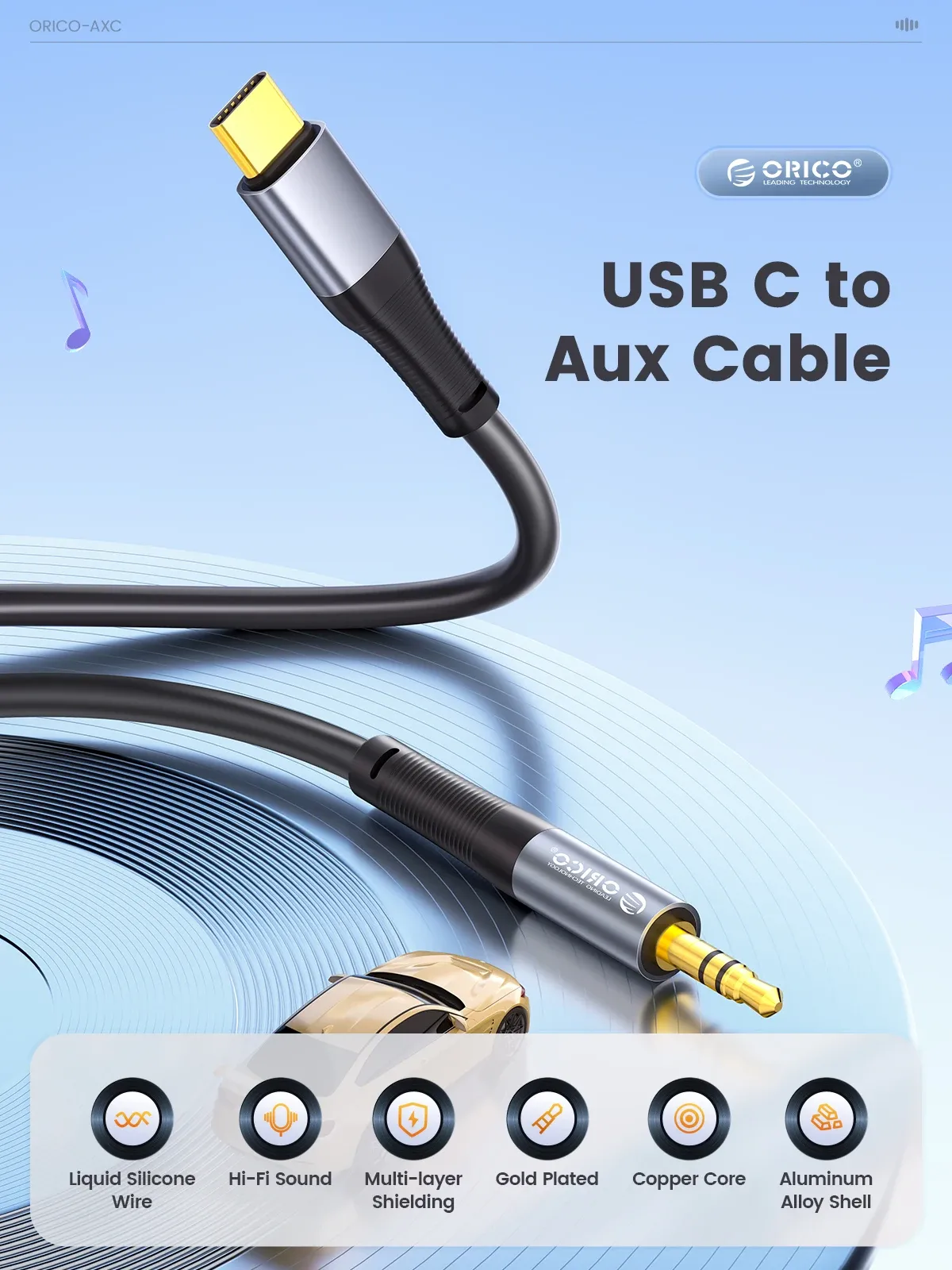 ORICO USB-C to 3.5mm AUX Audio Cable for Car and Headphones