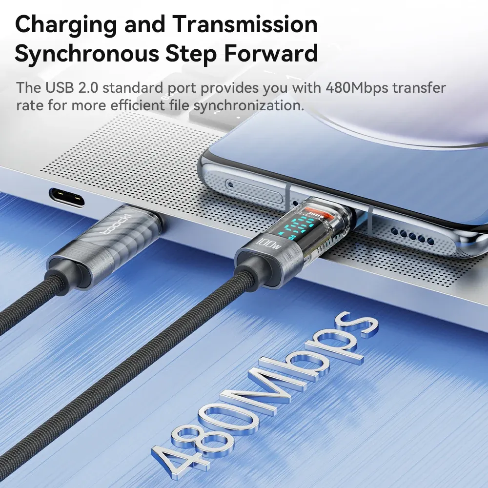Toocki Transparent USB-C to USB-C Fast Charging Cable with Digital Display