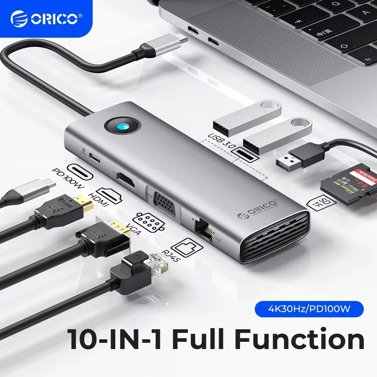 Orico USB-C 4K60Hz Docking Hub with PD100W and RJ45