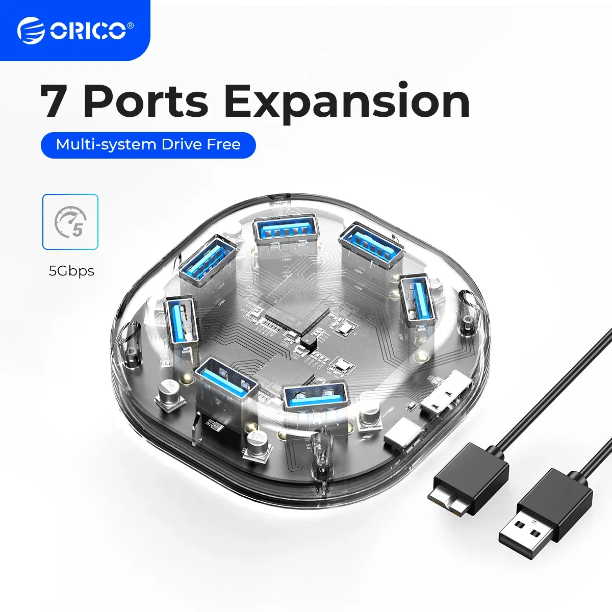 Orico Transparent 7-Port USB 3.0 Hub with Power Input